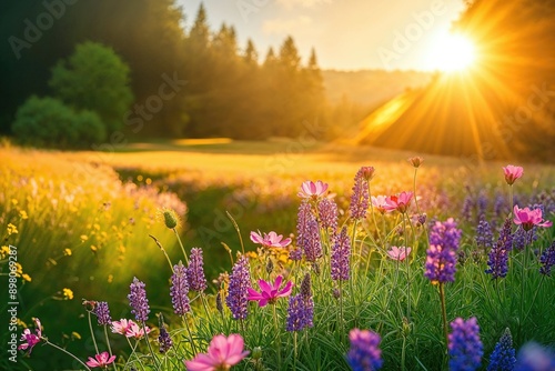 Beautiful Wildflowers at Sunset. Colourful Wild Blooms in Warm Sunlight.