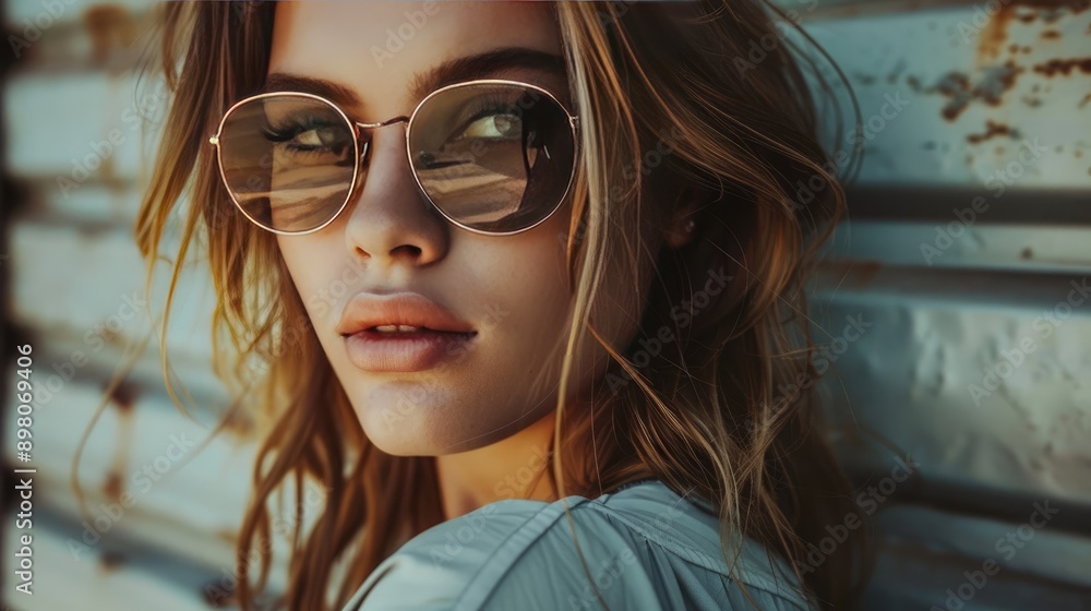 Close-Up of Fashionable Woman Wearing Sunglasses and Looking at Camera Close-Up of Fashionable Woman Wearing Sunglasses and Looking at Camera