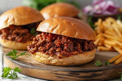 tasty and delicious sloppy joe burger, close up photo