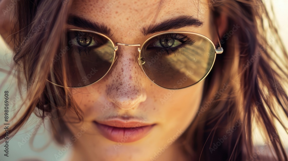 Close-Up of Fashionable Woman Wearing Sunglasses and Looking at Camera Close-Up of Fashionable Woman Wearing Sunglasses and Looking at Camera