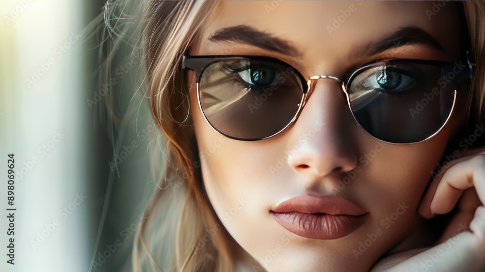 Close-Up of Fashionable Woman Wearing Sunglasses and Looking at Camera Close-Up of Fashionable Woman Wearing Sunglasses and Looking at Camera