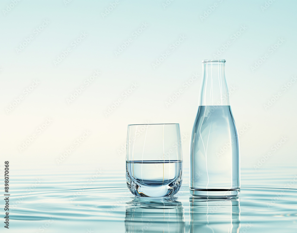 A glass of water and a glass bottle stands on the surface of blue water A glass of water and a glass bottle stands on the surface of blue water