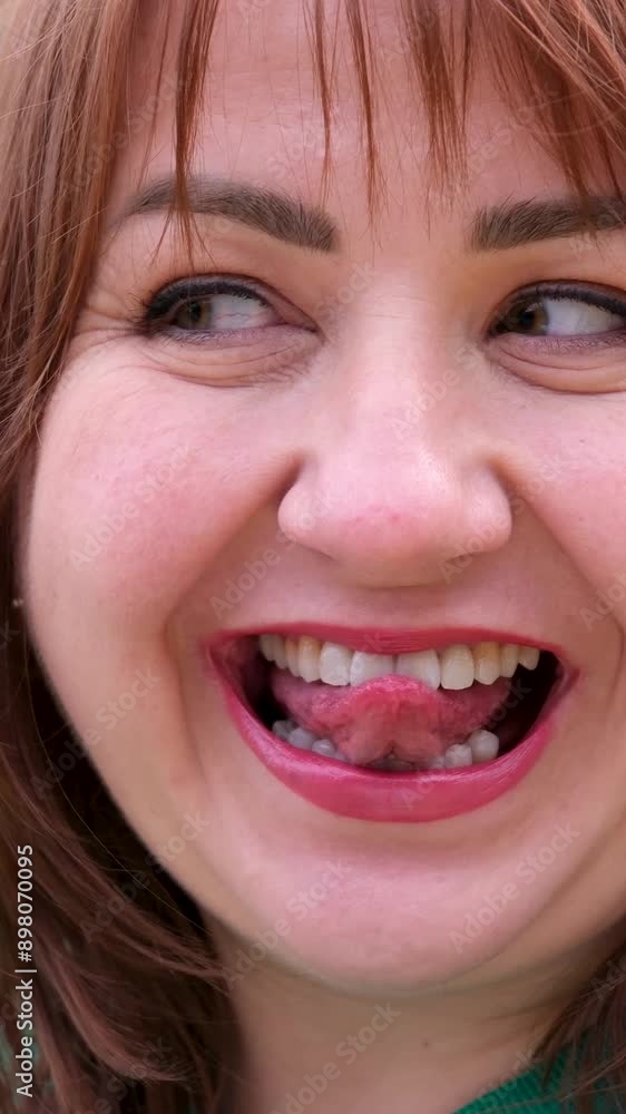 Make eyes red hair dentistry beautiful teeth Different emotions of a woman, a plump woman opens her mouth, does lip exercises, licks her teeth, blinks, smiles Make eyes red hair dentistry beautiful teeth Different emotions of a woman, a plump woman opens her mouth, does lip exercises, licks her teeth, blinks, smiles
