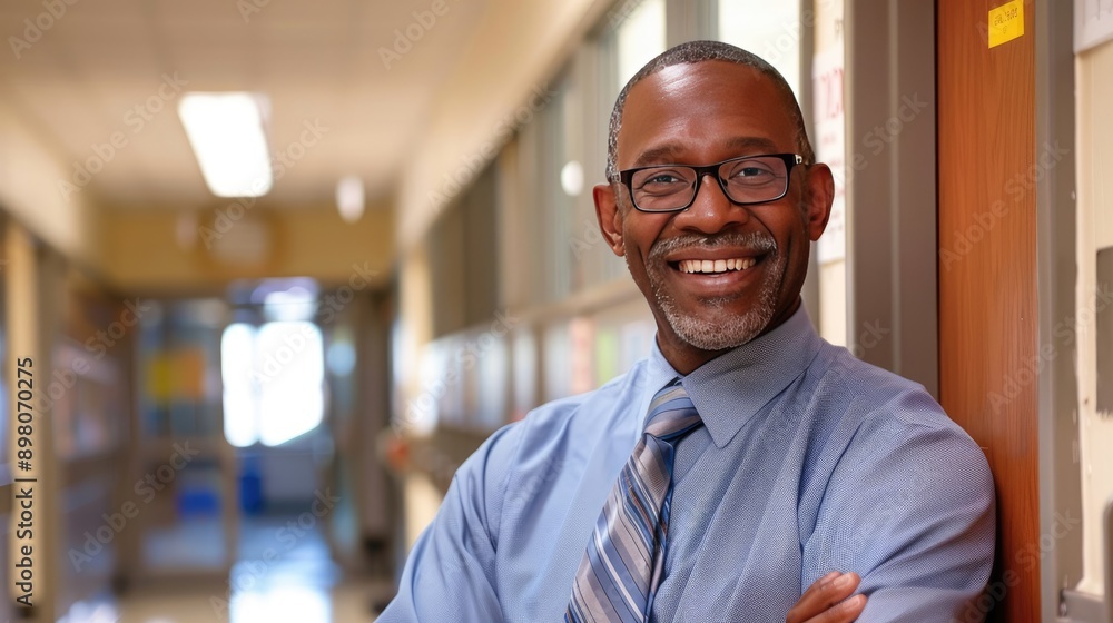 Obraz premium African American Male High School Teacher Smiling in Hallway