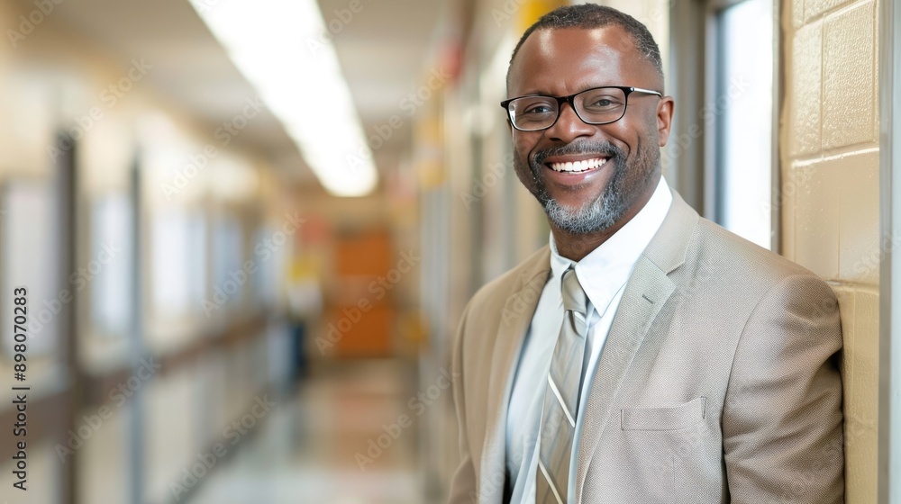 African American Male High School Teacher Smiling in Hallway African American Male High School Teacher Smiling in Hallway