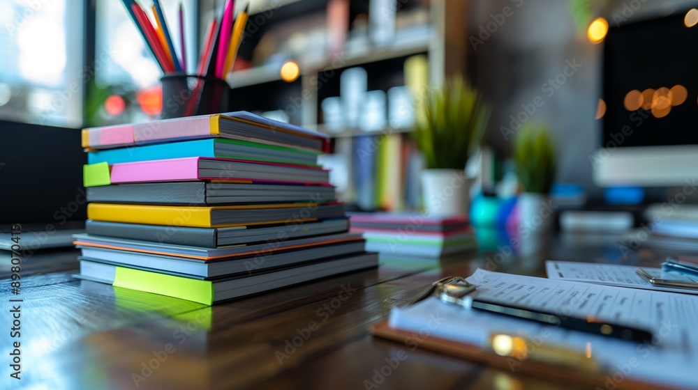 Stack of colorful books and stationery on a desk in a bright home office Stack of colorful books and stationery on a desk in a bright home office