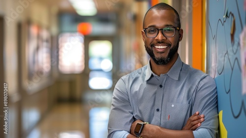 African American Male High School Teacher Smiling in Hallway