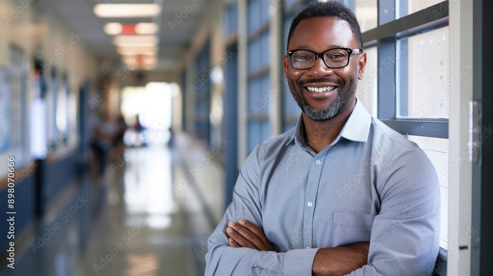 African American Male High School Teacher Smiling in Hallway African American Male High School Teacher Smiling in Hallway