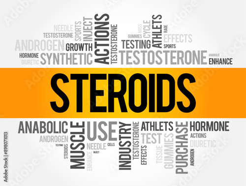 Steroids - is an organic compounds with four fused rings arranged in a specific molecular configuration, word cloud concept background