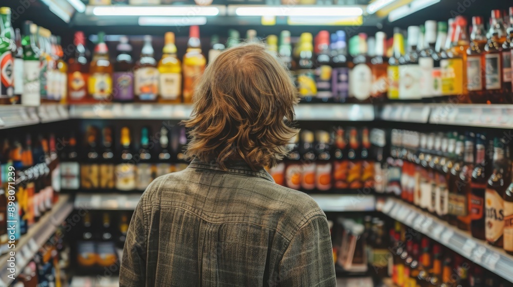 Young Shopper Browsing Alcohol Selection at Local Liquor Store Young Shopper Browsing Alcohol Selection at Local Liquor Store