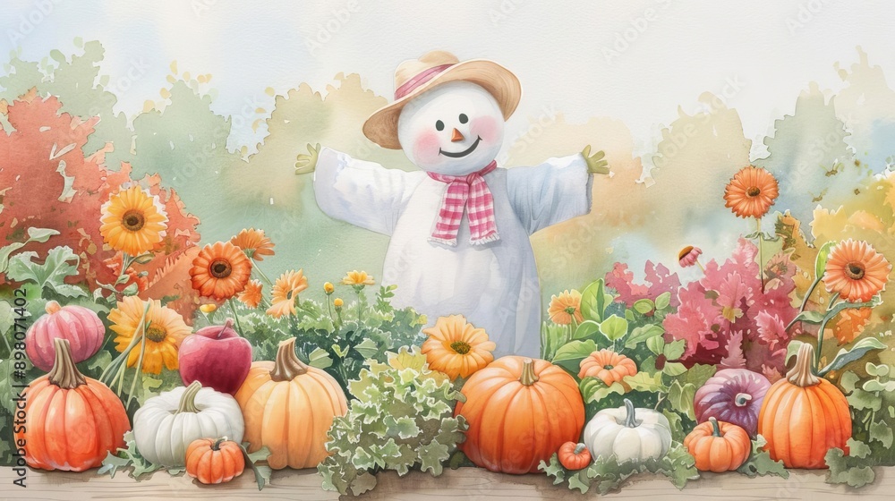 Fototapeta premium Autumn vegetables, scarecrow watching, fall recipe preparations, rustic kitchen, Watercolor style