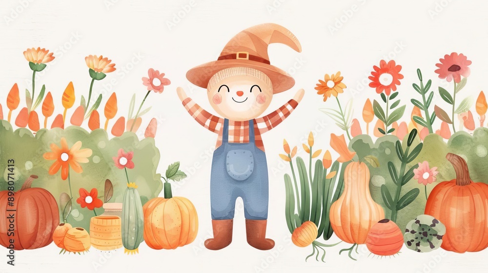 Fototapeta premium Autumn vegetables, scarecrow in garden, fall recipes book, rustic kitchen, Watercolor style