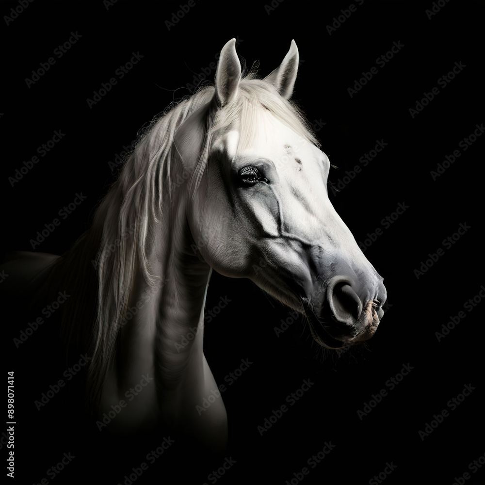 White horse portrait, close up image of a white horses head on a black background, image created with generative ai. White horse portrait, close up image of a white horses head on a black background, image created with generative ai.