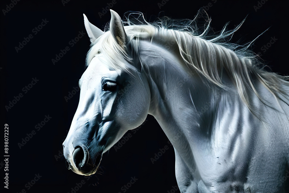 White horse portrait, close up image of a white horses head on a black background, image created with generative ai. White horse portrait, close up image of a white horses head on a black background, image created with generative ai.