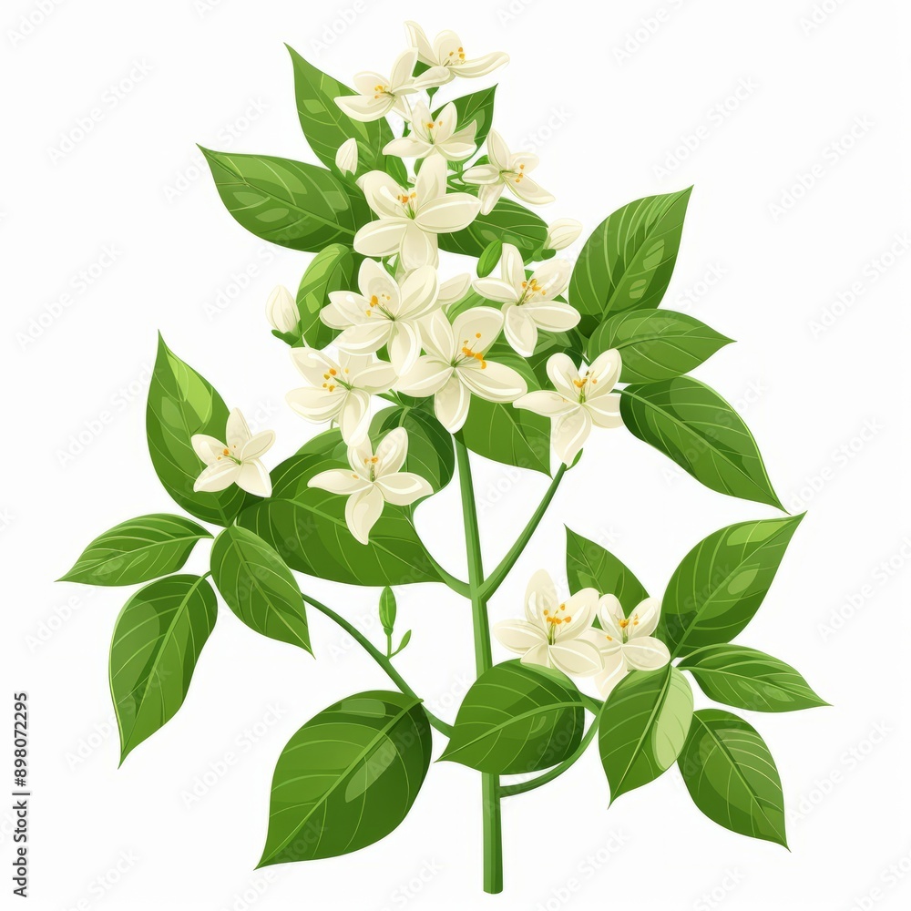 Obraz premium Blooming white flowers on green leafy branch.