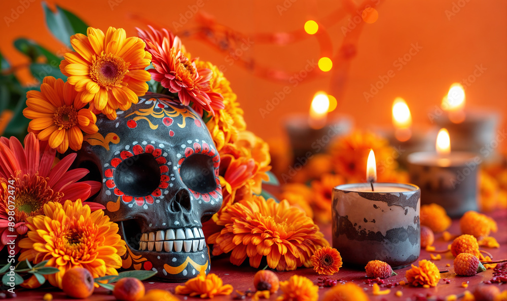 Dia de Los Muertos wallpaper with copy space, Day of the Dead composition with skulls and orange flowers Dia de Los Muertos wallpaper with copy space, Day of the Dead composition with skulls and orange flowers