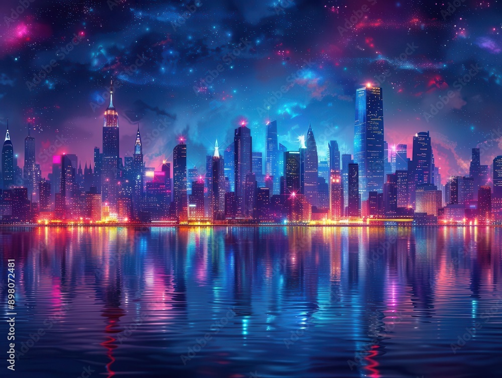 A vibrant city skyline illuminated by colorful lights, reflecting on the water under a starry night. A vibrant city skyline illuminated by colorful lights, reflecting on the water under a starry night.