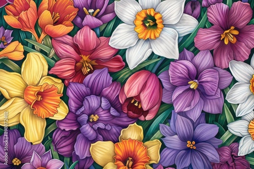 Elegant watercolor illustration of garden flowers with tulips, daffodils, and crocuses in bright, cheerful hues
