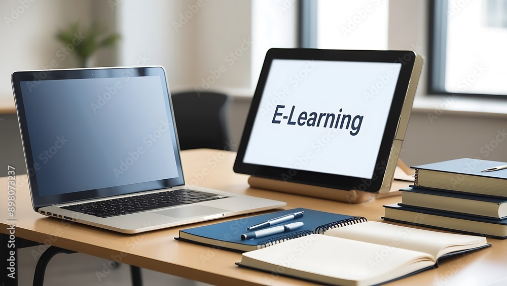 E-Learning Setup Featuring a Laptop and Study Materials on a Desk
E-Learning Setup Featuring a Laptop and Study Materials on a Desk