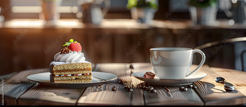 Table set with coffee cup, cake slice, and a copy space image. Table set with coffee cup, cake slice, and a copy space image.