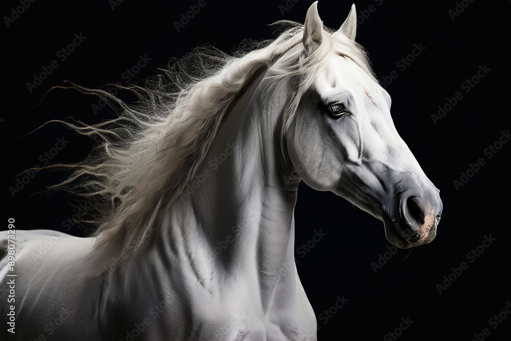White horse portrait, close up image of a white horses head on a black background, image created with generative ai.