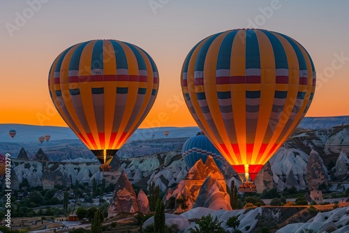 Colorful hot air balloons soar over mountain range and fields during a stunning sunset display