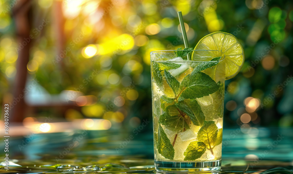 mojito cocktail in a tall glass with lemon slices on pool background, vitamin drink/ summer mocktail/ alcoholic cocktail wallpaper mojito cocktail in a tall glass with lemon slices on pool background, vitamin drink/ summer mocktail/ alcoholic cocktail wallpaper