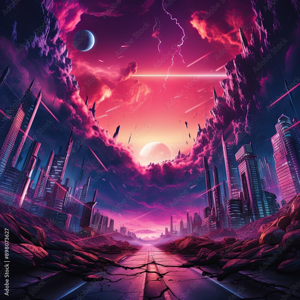 Obraz premium Futuristic cityscape at night with tall buildings, red cloudy sky, lightning, and highway. Empty road adds to the anticipation. 3D rendering in retro futurism style.