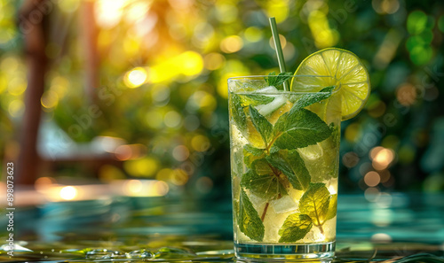 mojito cocktail in a tall glass with lemon slices on pool background, vitamin drink/ summer mocktail/ alcoholic cocktail wallpaper