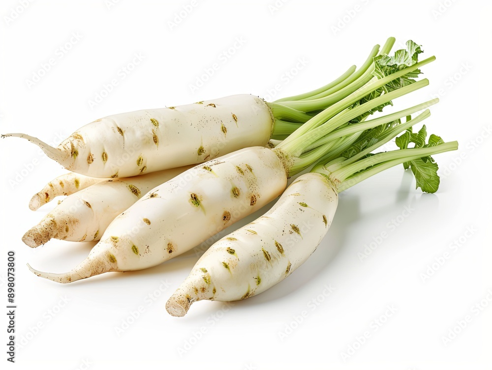 Centrally Aligned Daikon Radish in Clear Sharp Focus, White and Mild Green Color Contrasts with Pure White Background, Striking Composition Showcases Freshness and Quality, Ideal for Food Photographyc Centrally Aligned Daikon Radish in Clear Sharp Focus, White and Mild Green Color Contrasts with Pure White Background, Striking Composition Showcases Freshness and Quality, Ideal for Food Photographyc
