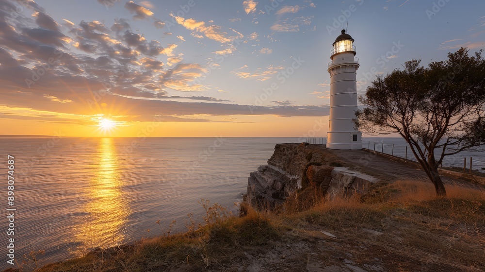 Majestic Sunrise View of Historic Lighthouse on Cliff with Golden Light - Wide-Angle Shot with Deep Depth of Field Majestic Sunrise View of Historic Lighthouse on Cliff with Golden Light - Wide-Angle Shot with Deep Depth of Field