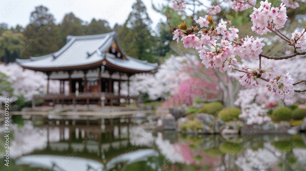 Serene Beauty of Spring: Japanese Garden Bliss with Cherry Blossoms in Full Bloom under Afternoon Light Serene Beauty of Spring: Japanese Garden Bliss with Cherry Blossoms in Full Bloom under Afternoon Light