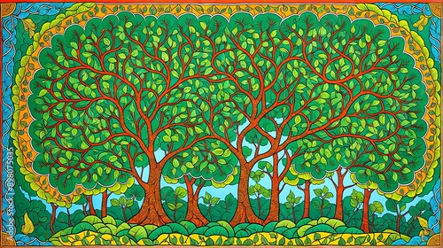 Illustration of an abstract interpretation of a forest canopy, featuring intricate, overlapping geometric shapes. Patachitra Painting style. 3 photo