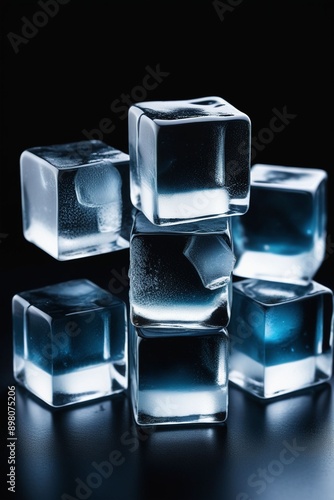 Realistic ice cubes on a dark background, vertical composition