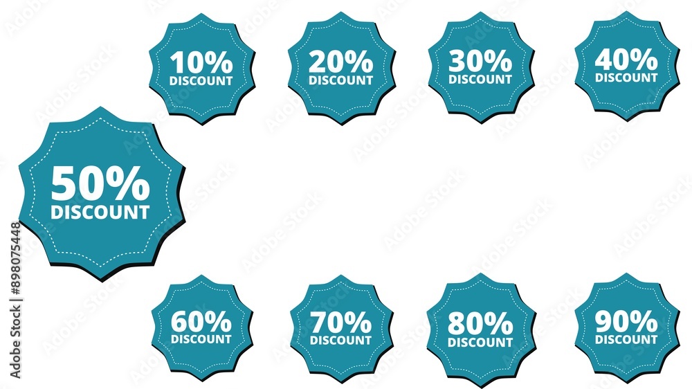 Different discount price 10, 20, 25, 30, 40, 50, 60, 70, 80, 90 percent Promotion sticker badge set for shopping marketing and advertisement. vector illustration