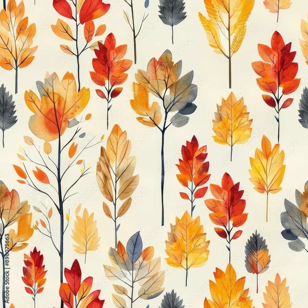 A painting of trees with leaves in various colors, including red, orange A painting of trees with leaves in various colors, including red, orange