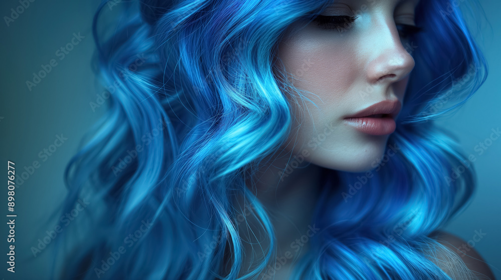 Woman with striking blue hair, styled in soft waves, looks downward, her serene expression highlighted by the ethereal lighting and vivid color of her hair. Woman with striking blue hair, styled in soft waves, looks downward, her serene expression highlighted by the ethereal lighting and vivid color of her hair.