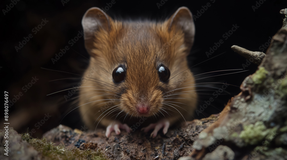 Close-up of a small brown mouse with big eyes, sitting on a natural, earthy surface, looking directly at the camera. Close-up of a small brown mouse with big eyes, sitting on a natural, earthy surface, looking directly at the camera.