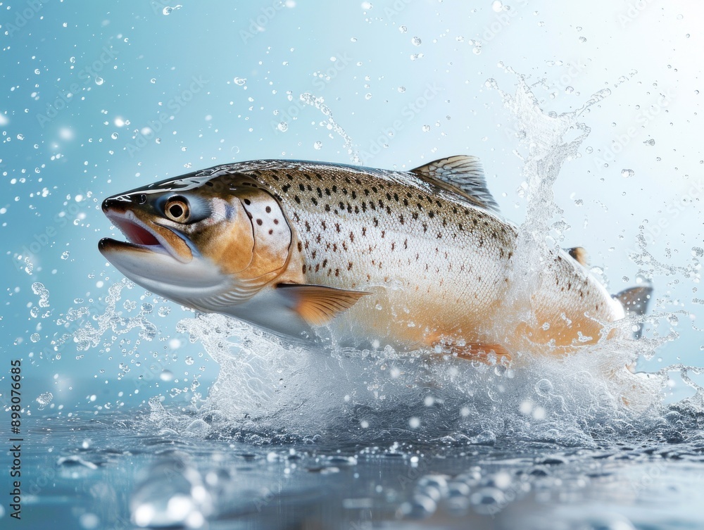 A fresh whole salmon fish with splashing water on a light blue background, capturing the essence of freshness and purity. Ideal for seafood and culinary-themed visuals A fresh whole salmon fish with splashing water on a light blue background, capturing the essence of freshness and purity. Ideal for seafood and culinary-themed visuals