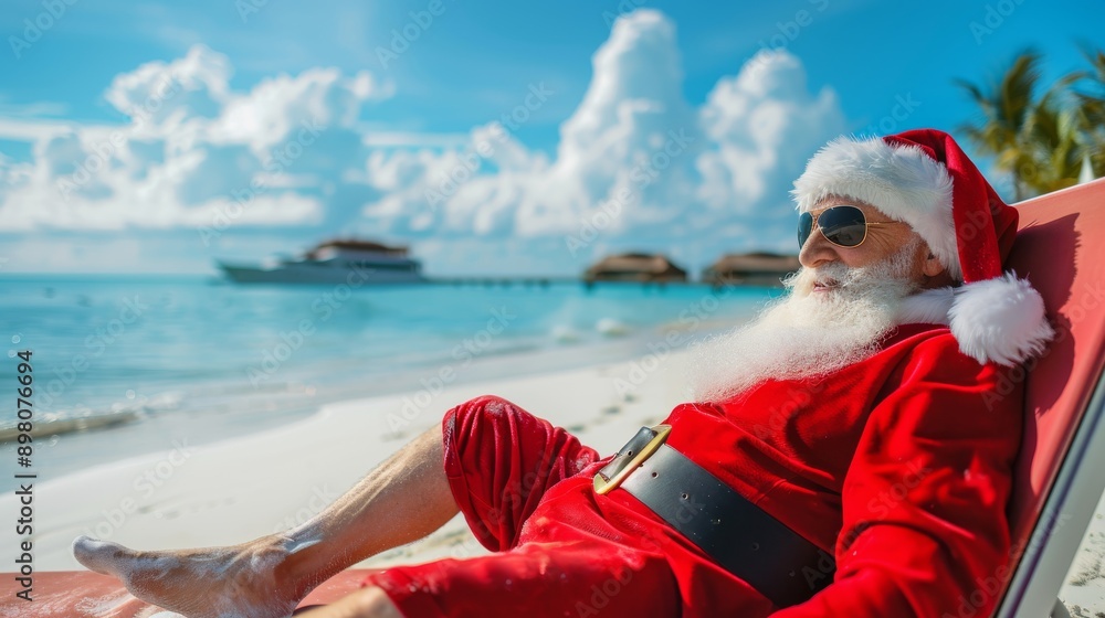 Obraz premium Santa Claus Relaxing on Tropical Beach in Red Suit and Sunglasses