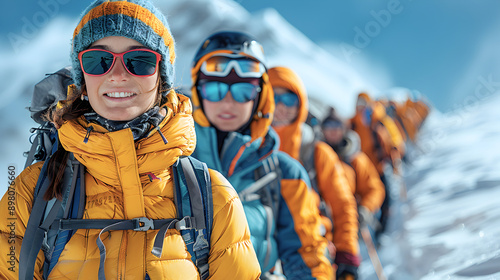 Mountaineers in Bright Gear Conquering Snowy Peaks