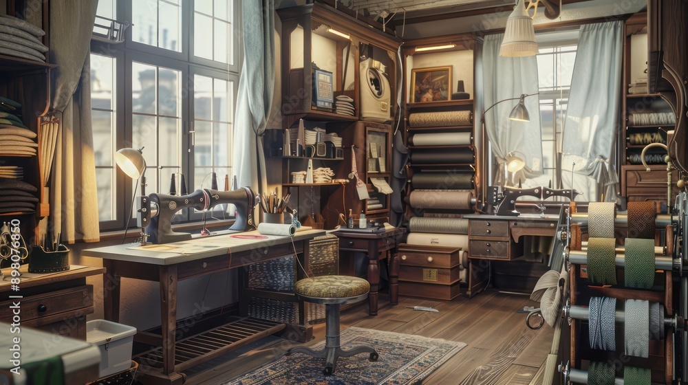 bespoke tailora??s workshop with sewing machines, fabric rolls, and a quaint desk for sketching designs bespoke tailora??s workshop with sewing machines, fabric rolls, and a quaint desk for sketching designs