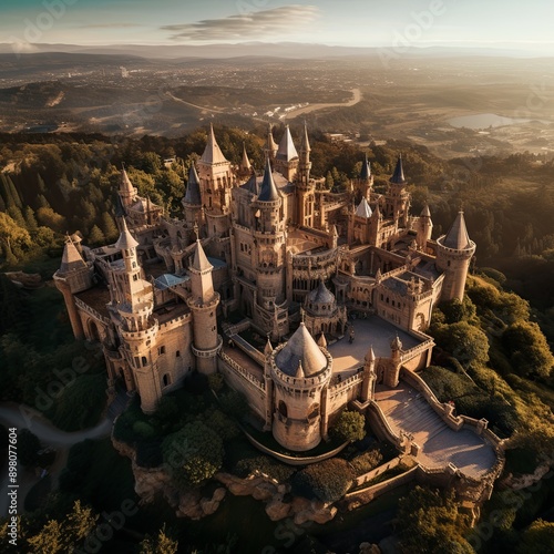 Stunning shot of a majestic European castle with turrets, perfect for stories about royalty, history, and travel. Surrounded by trees and nature, a beautiful setting for projects. photo