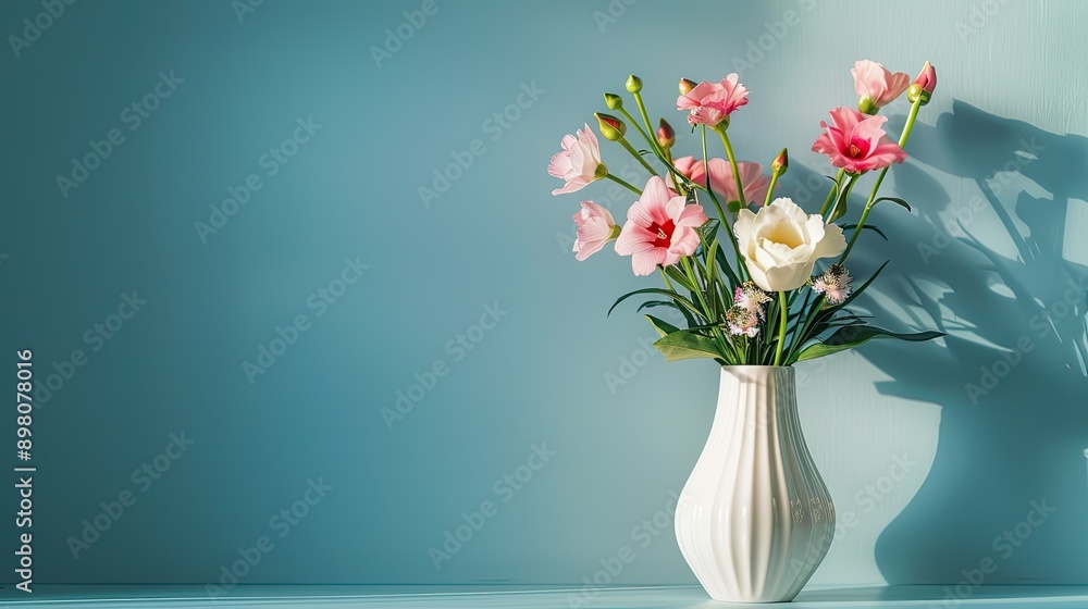 a vase of white flowers on a table facing a blue wall a vase of white flowers on a table facing a blue wall