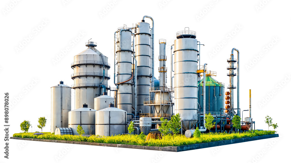 Fototapeta premium Industrial Complex: A 3D rendering of a sprawling industrial complex, featuring towering silos, intricate piping, and a vibrant green field, showcasing the scale and complexity of modern manufacturing