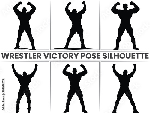 Wrestler Victory Pose Bundle, Fighting Men, Big Athlete Greco-Roman Strong Man, Wrestling Silhouette Collection.