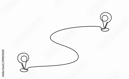 Destination line path with starting point location, Path with location pins. Distance from one point to another in doodle style isolated on white background, Continuous one line hand drawn