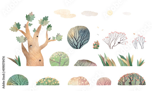 Foto Cute set of trees in childish style. Watercolor illustration.