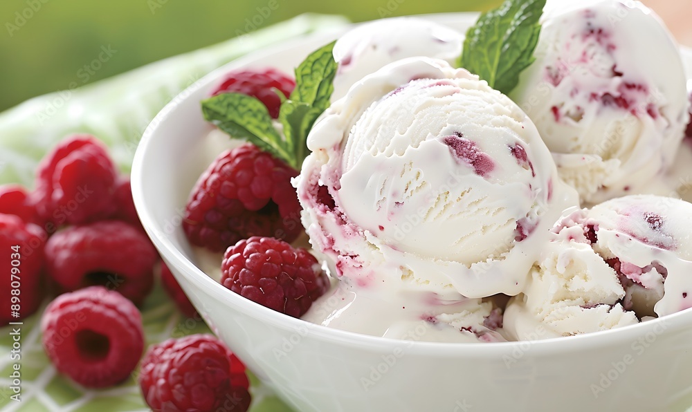 bowl of ice cream topped with fresh raspberries, Generative AI bowl of ice cream topped with fresh raspberries, Generative AI
