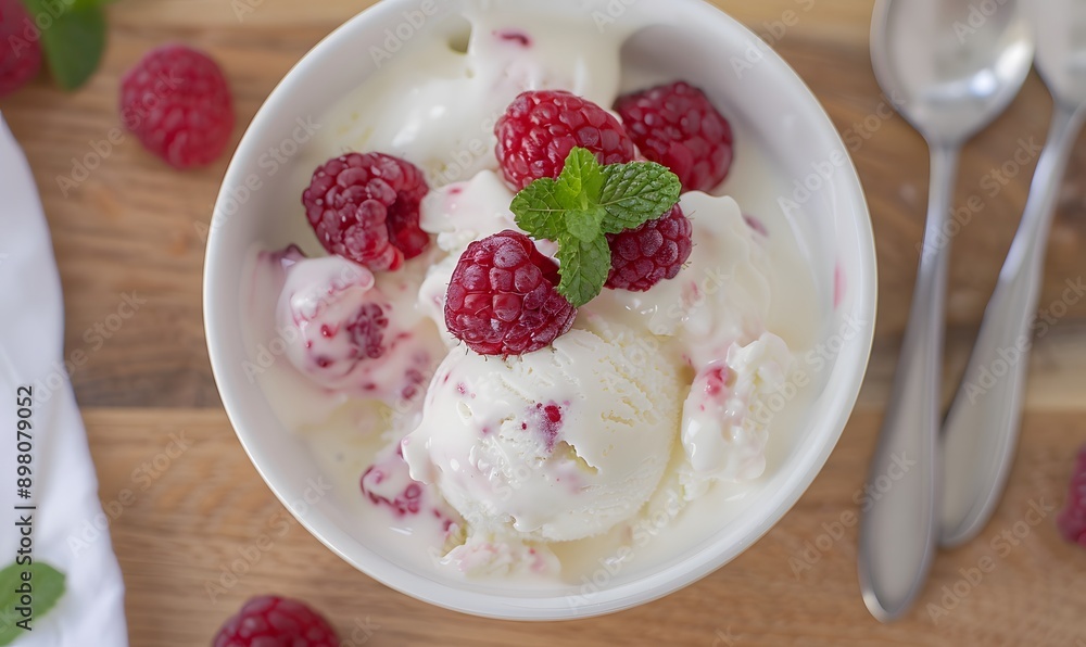 bowl of ice cream topped with fresh raspberries, Generative AI bowl of ice cream topped with fresh raspberries, Generative AI